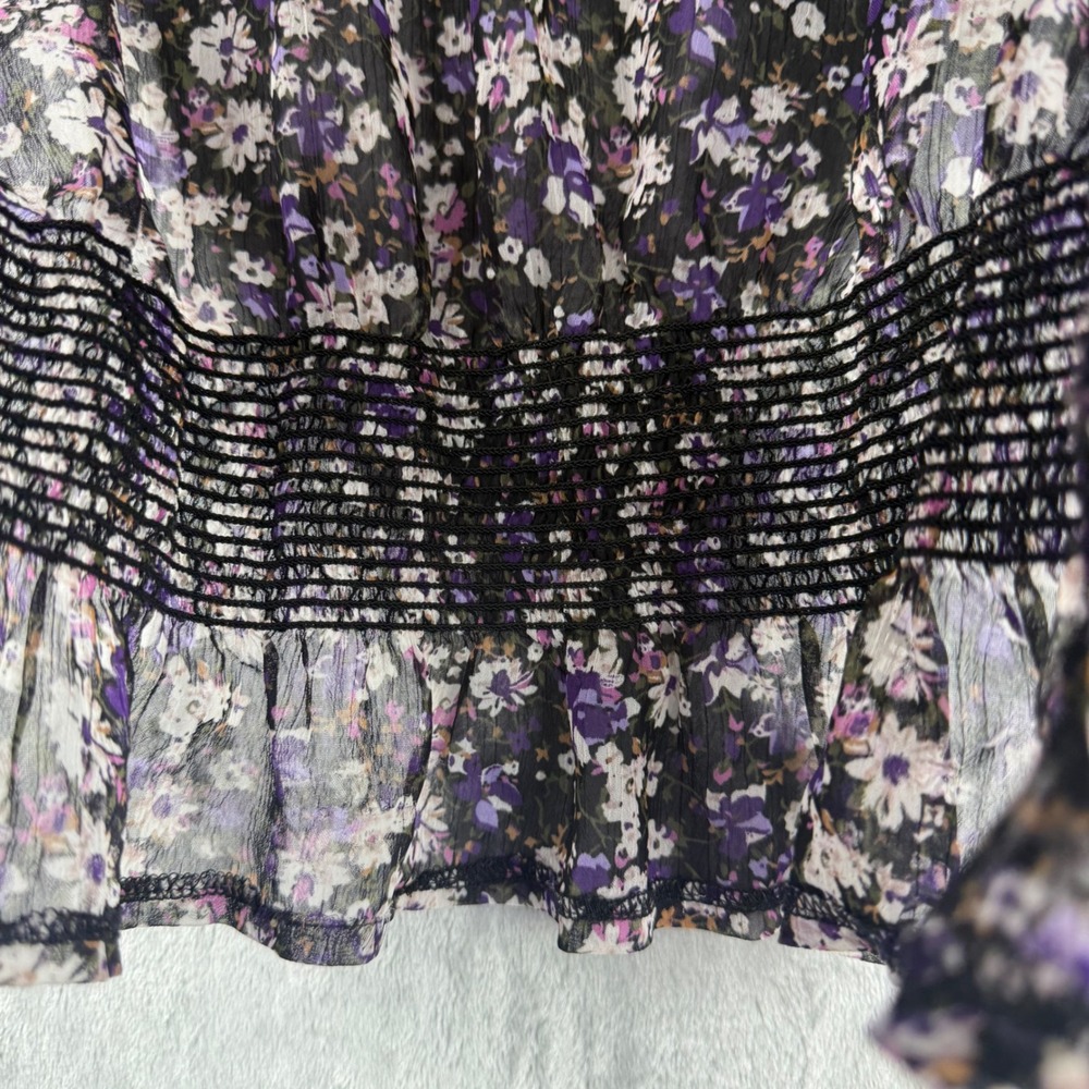 American Rag Floral Smocked Blouse Purple White Chiffon Square Neck BOHO Large - Picture 9 of 14